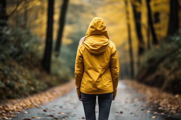 Una mujer irreconocible disfrutando de un paseo tranquilo a través del encantador bosque de otoño en un sendero natural
