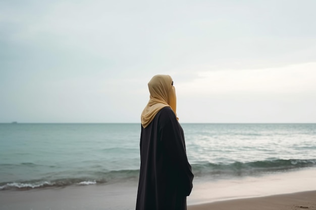 Mujer irreconocible con hiyab parada en la playa mirando el horizonte