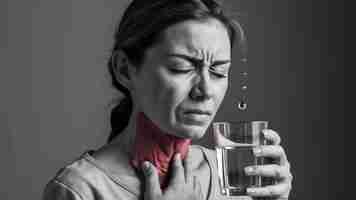 Foto mujer irreconocible que sufre de amigdalitis mujer enferma pulpando su cuello aclarado en rojo negro un