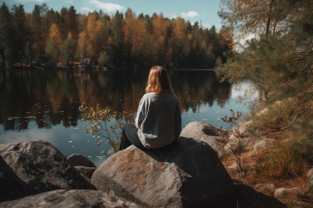 Mujer irreconocible sentada cerca del lago ai generado.