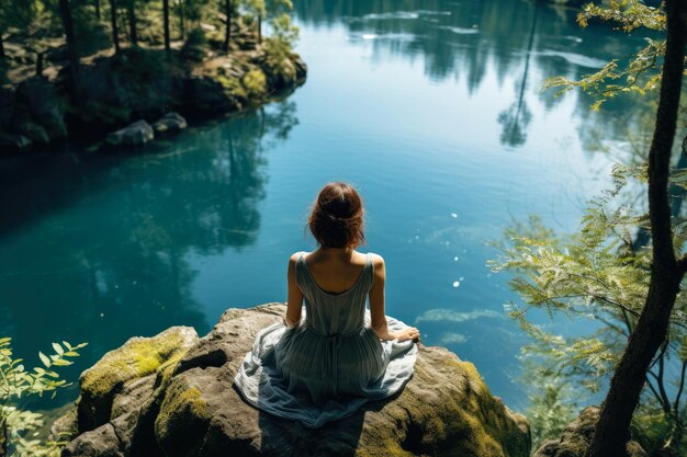 Mujer irreconocible sentada cerca del lago ai generado