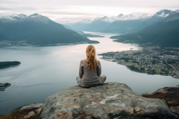 Mujer irreconocible sentada cerca del lago ai generado