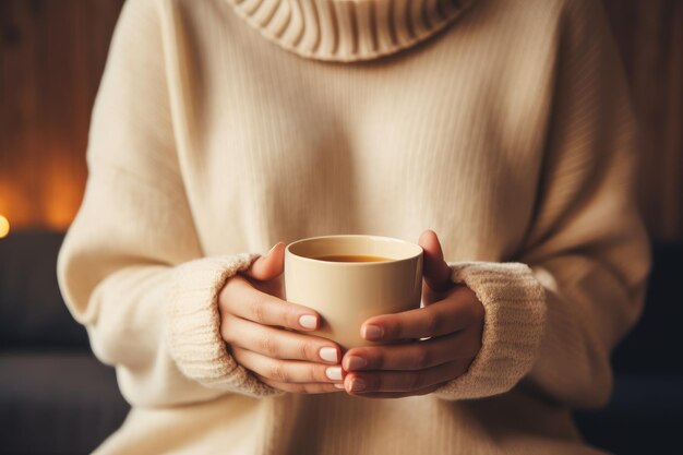 Mujer irreconocible en suéter acogedor sosteniendo una taza con café caliente Generado por IA