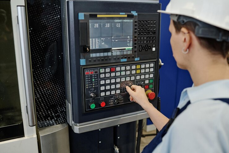 Foto mujer irreconocible trabajando en una máquina cnc