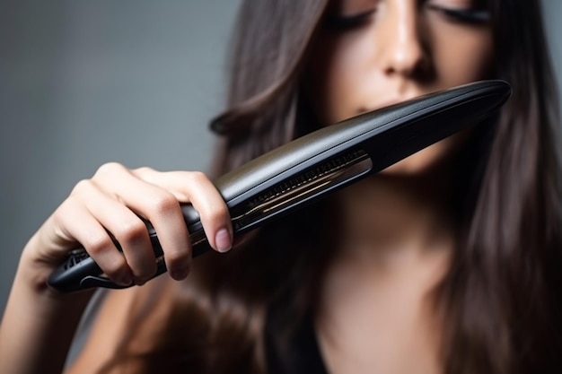 Mujer irreconocible usando plancha de pelo