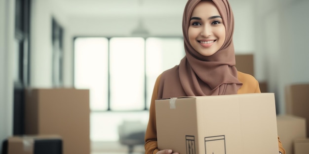 Mujer islámica con hijab que trabaja en una compañía de mudanzas empacando y transportando cajas de cartón.