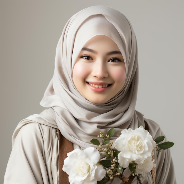 una mujer islámica con hijab syari mostrando su sonrisa