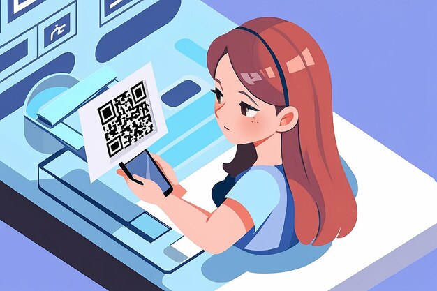 Mujer isométrica plana en 3D usando un teléfono inteligente escaneando código QR concepto de tecnología de verificación de código QR