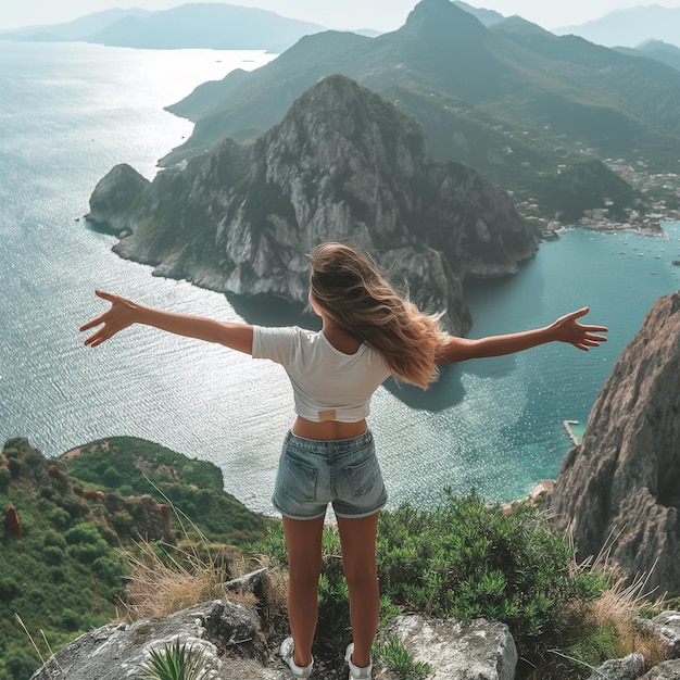 Foto la mujer italiana del acantilado mira hacia el mar