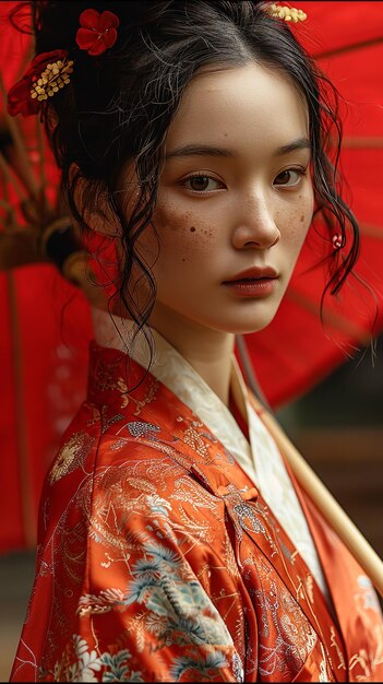 Mujer japonesa atractiva en vestido tradicional rojo sosteniendo un paraguas IA generativa