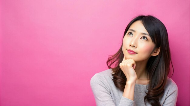 Mujer japonesa hermosa con fondo rosado pensando mujer con espacio de copia