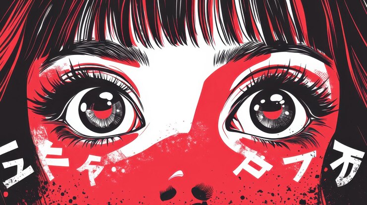 Mujer japonesa con maquillaje rojo y blanco y escritura katakana mirando con ojos grandes