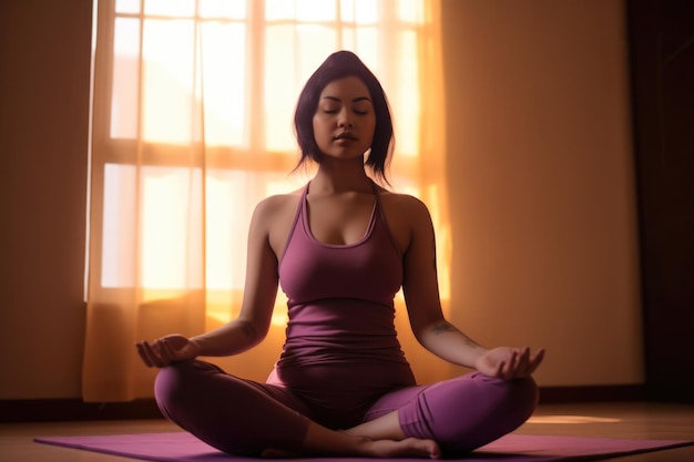 Mujer japonesa meditando sola en casa