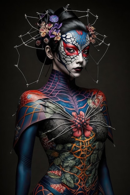 Mujer japonesa con tatuaje de araña en el cuerpo diseño de personajes de halloween aterrador