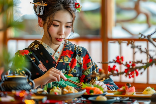 Mujer japonesa tradicional en kimono disfrutando de una comida Kaiseki en una auténtica posada Ryokan con