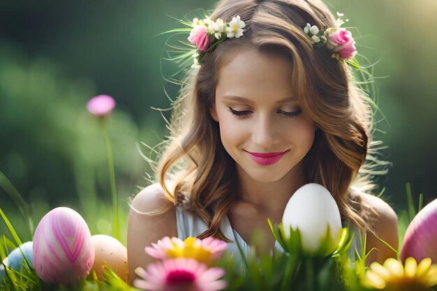 una mujer en un jardín con flores y una mujer con una flor rosa en el pelo.