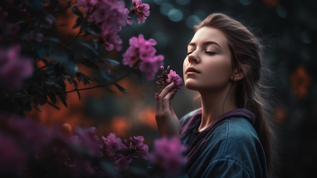 Una mujer en un jardín de flores con los ojos cerrados.