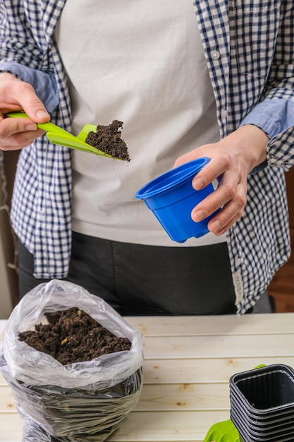 Mujer jardinera con camisa a cuadros llena una pequeña olla de plántulas con tierra con una pala Preparación para plantar plántulas en casa Jardinería Cultivo de verduras y hierbas para alimentos Imagen vertical