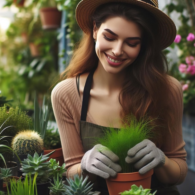 Mujer jardinera planta árbol hierba día del trabajo