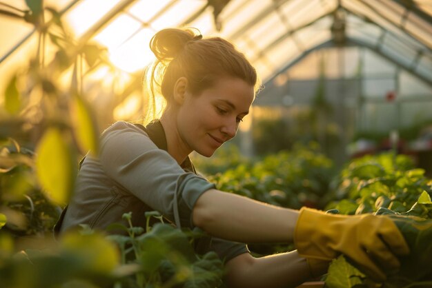 Mujer jardinera y plantadora en el invernadero