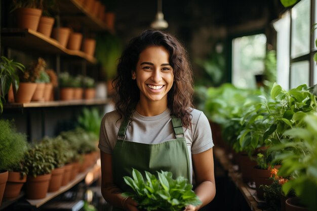 Foto mujer jardinera que mantiene y cuida plantas en maceta en el jardín de invernadero concepto de empresario empresarial