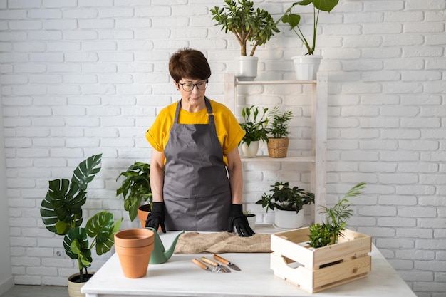 Mujer de jardinería en casa replantando plantas verdes en casa plantas verdes en macetas en casa casa selva floral d