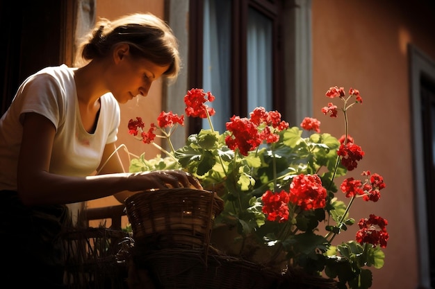 Mujer Jardinería Flores Geranio Balcón Caja Generativa Ai