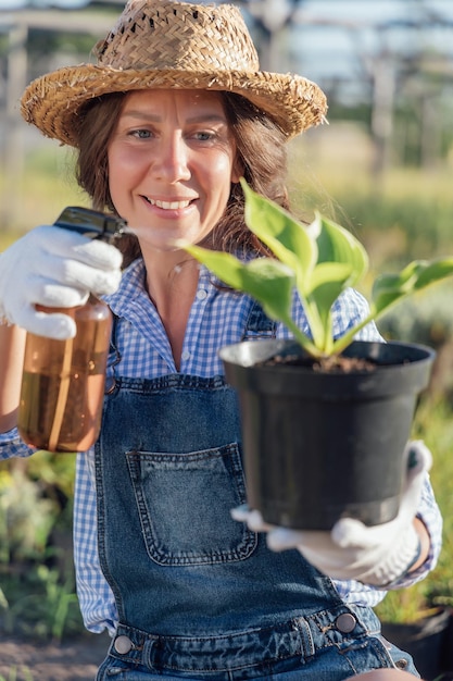 Mujer jardinero regar la planta con botella de spray en el jardín