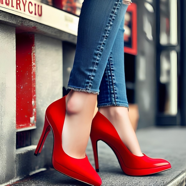 Una mujer con jeans y un zapato rojo de tacón alto se para en un escalón.