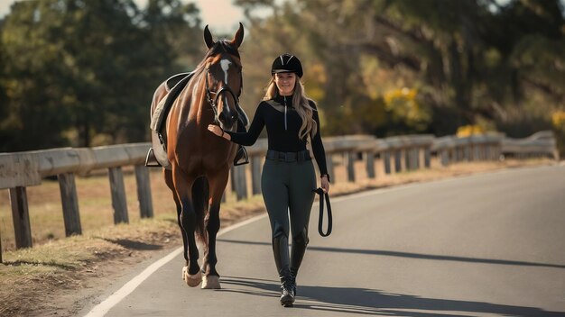 Mujer jinete caminando con su caballo en un camino mujer tiene el cabello largo y ropa negra