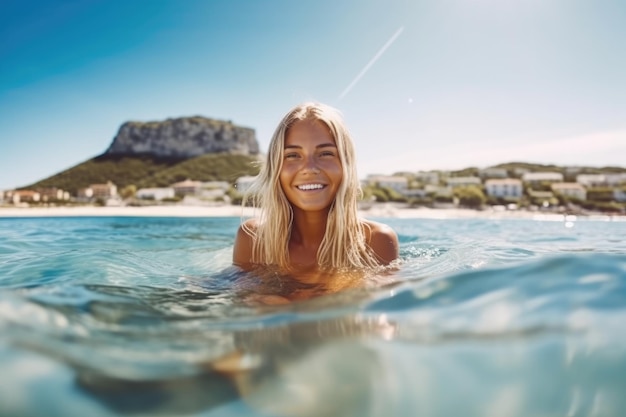 Mujer joven de 30 años nadando en supboard en la playa IA generativa