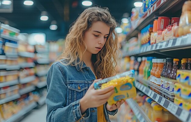 Foto una mujer joven está abasteciendo el mostrador de comestibles