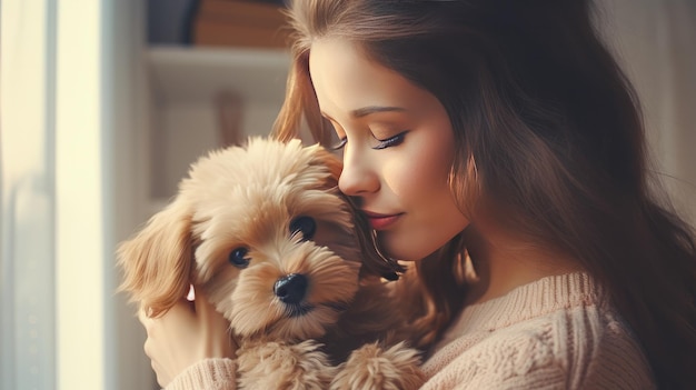 Foto mujer joven abrazando a su perro en casa