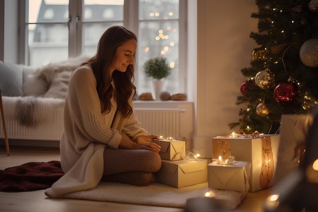 Mujer joven abre regalos en el suelo de la sala de estar