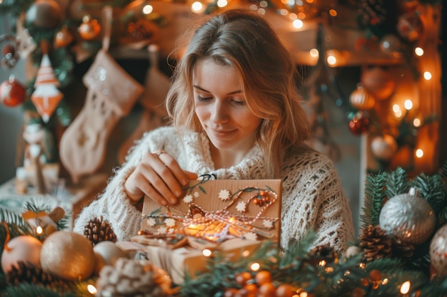 Mujer joven abriendo una caja de regalos sorpresa brillante bajo un árbol de Navidad con decoraciones festivas