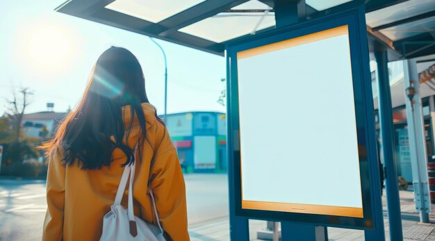 Foto mujer joven con abrigo amarillo de pie en la parada de autobús y mirando el cartel en blanco maqueta de publicidad