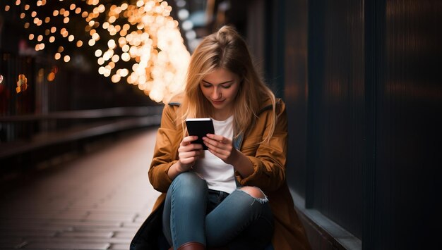 Mujer joven con abrigo marrón sentada en la calle y usando teléfono móvil