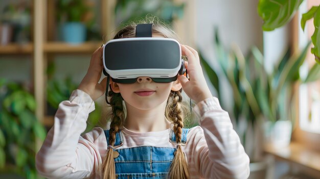 Foto mujer joven absorta en la experiencia de realidad virtual en casa