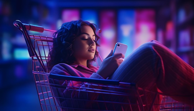 Foto mujer joven acostada en el carrito de compras y usando el teléfono móvil para comprar en línea