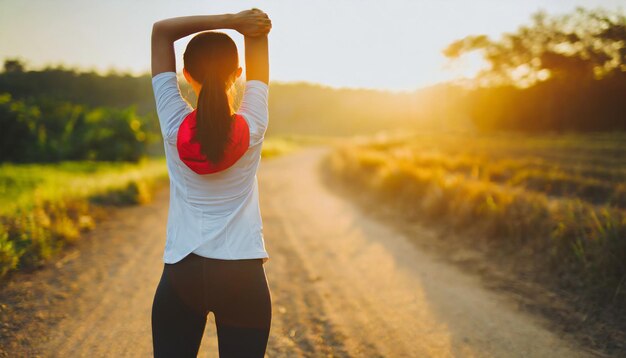 Mujer joven activa se prepara para una carrera estirando las piernas en un sendero rural al atardecer mostrando determinación