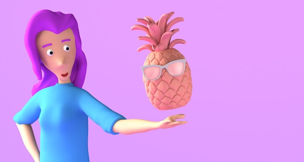 mujer joven, actuación, piña, con, gafas de sol, verano, concepto, copia, espacio, 3d, ilustración