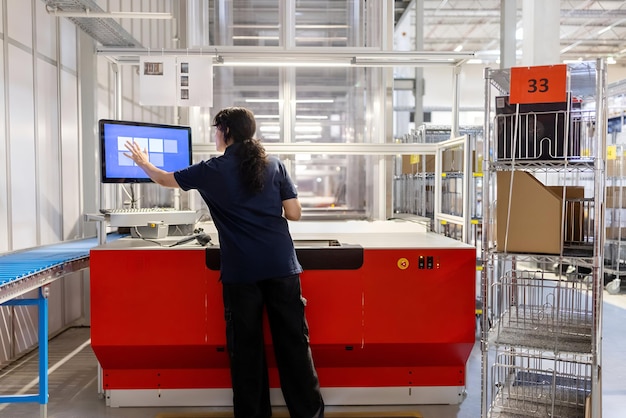 Foto mujer joven actualizando los detalles del paquete en la computadora en el almacén de distribución