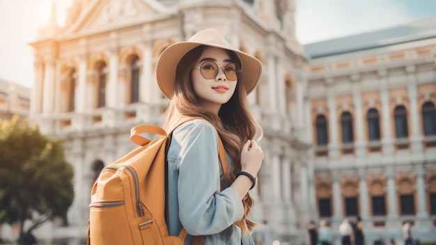 Foto mujer joven adulta asiática usa gafas y sombrero viajero mochila traje de estilo casual