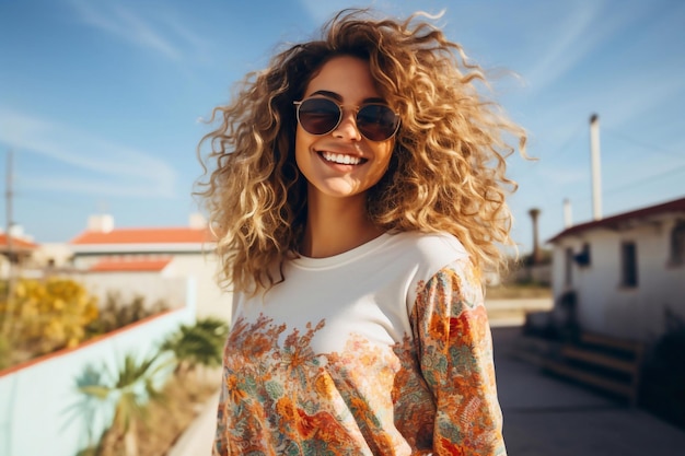 Una mujer joven adulta mujer blanca de pie al aire libre posando retrato feliz confiado en vacaciones outd