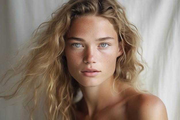 Mujer joven adulta nórdica rubia de 20 años, chica con cabello rizado, retrato facial