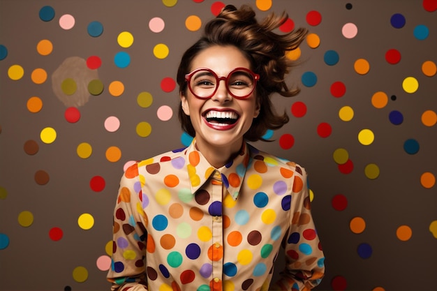 Foto mujer joven adulto feliz gafas de sol gafas moda elegante rosa azul belleza moda puntos sonriendo divertido polka