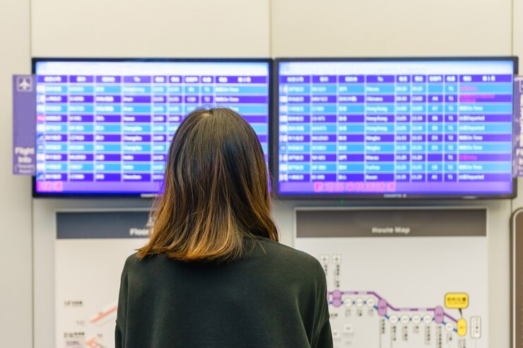 Foto mujer joven en el aeropuerto internacional mirando el tablero de información de vuelo