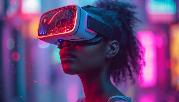 Mujer joven afroamericana con gafas vr viendo vídeos de 360 grados con un casco de realidad virtual