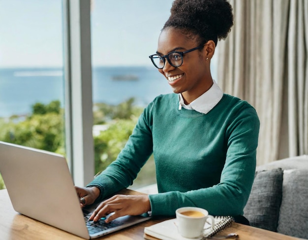 Mujer joven afroamericana trabajando a distancia en una computadora portátil en casa