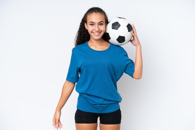 Foto mujer joven, aislado, blanco, plano de fondo, con, pelota del fútbol